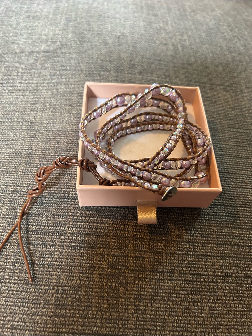 Lavender Pearl & Crystal beaded Multi-Strand leather Wrap Bracelet - Picture 3 of 4